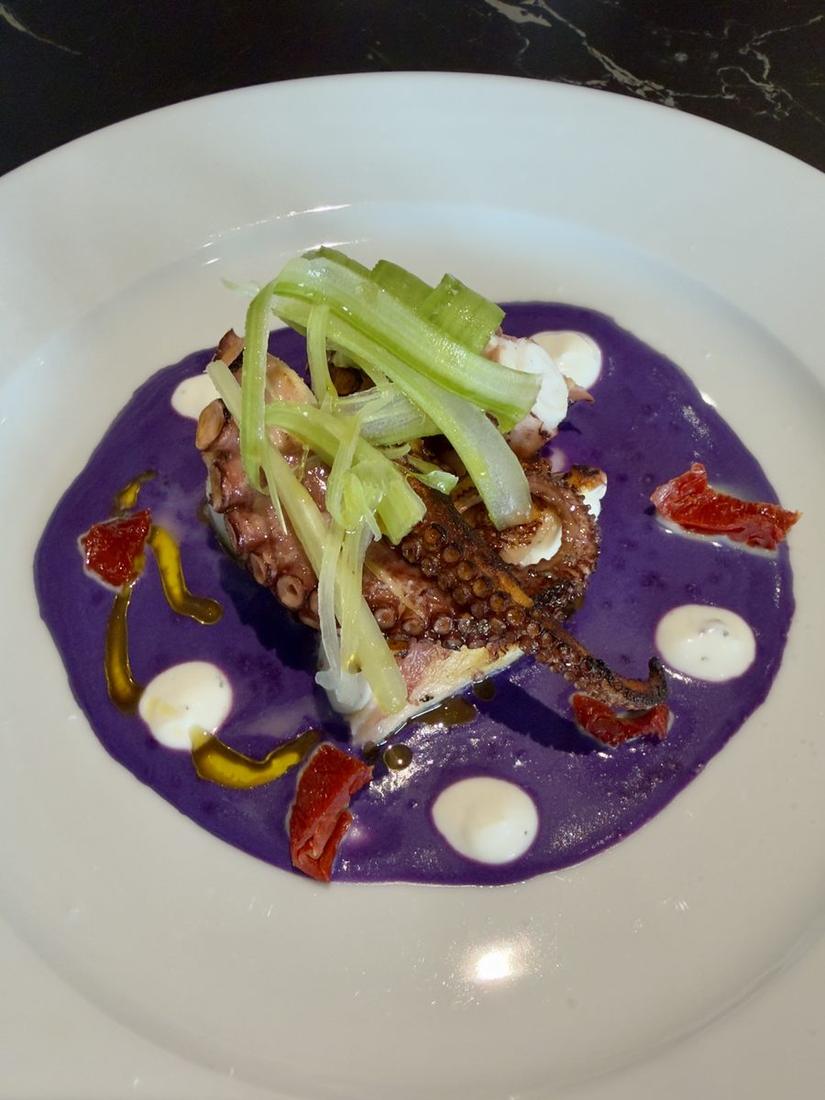Chef Valter's Specialty, chargrilled octopus with purple potato purée